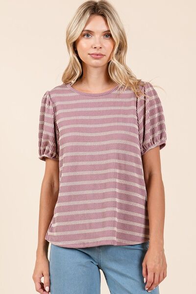 Striped Short Puff Sleeve Knit Top for a Stylish Casual Look