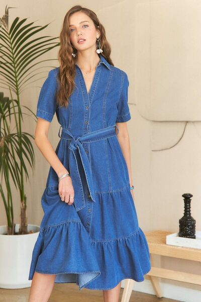 Tiered Denim Dress with Button-Down Front and Tie Waist