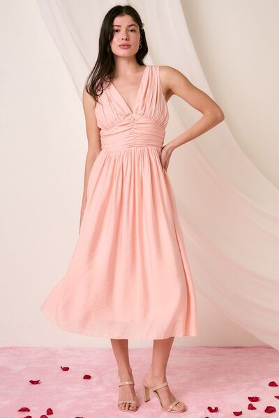 Sleeveless Ruched V-Neck Midi Dress for Effortless Sophistication