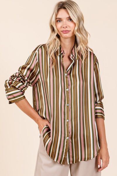 Striped Button Down Satin Shirt Long Sleeve Casual Wear