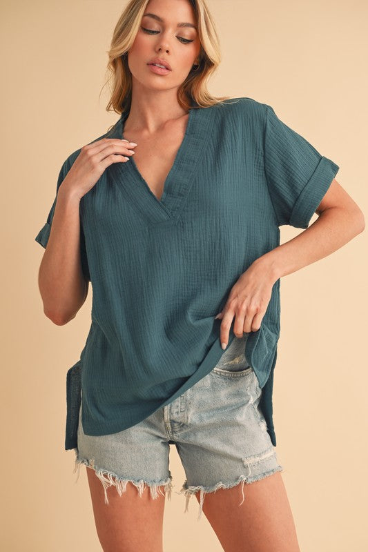 Elegant V-Neck Blouse with Flowy Short Sleeves and Modern Slits