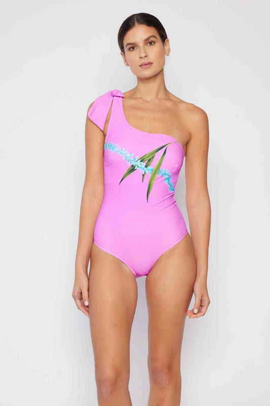 One Shoulder Swimsuit with Tie Waist in Carnation Pink