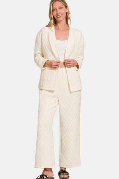 Quilted Button Up Long Sleeve Top and Pants Lounge Set