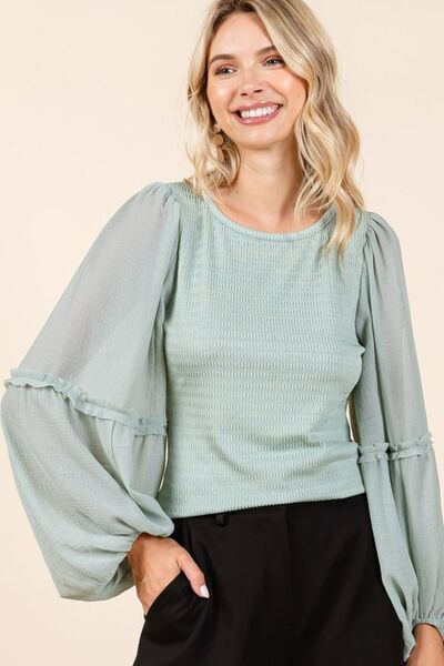 Textured Knit Chiffon Long Sleeve Top for a Chic and Elegant Look