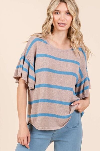 Playful Knit Top with Flounce Sleeves and Classic Striped Design