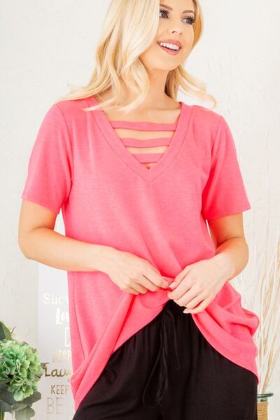 V-Neck Short Sleeve T-Shirt with Bar Detail for a Flattering Fit