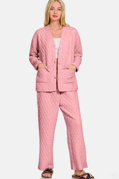 Cozy Quilted Button Up Long Sleeve Top and Pants Lounge Set