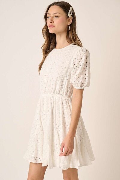 Round Neck Puff Sleeve Eyelet Mini Dress for Effortless Elegance