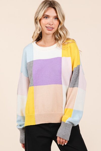 Cozy Color Block Sweater with Round Neck and Relaxed Fit