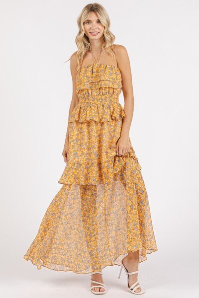 Ruffled Floral Halter Maxi Dress with Smocked Waist for All Occasions