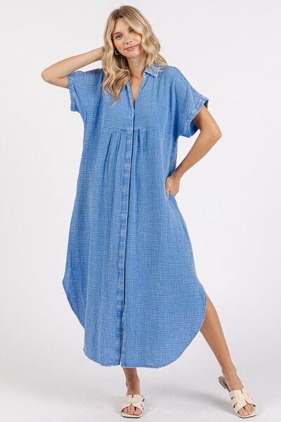 V Neck Button Up Midi Shirt Dress with Mineral Wash Finish