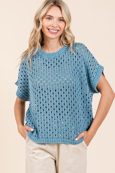 Mineral Wash Short Sleeve Knit Cover Up with Openwork Design