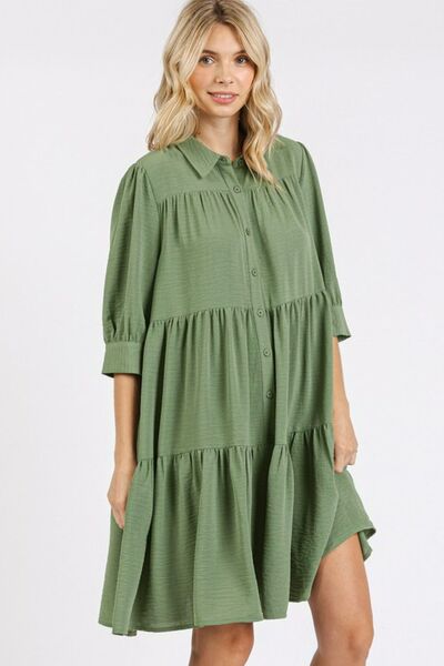 Collared Neck Tiered Shirt Dress with Button Details for Effortless Style