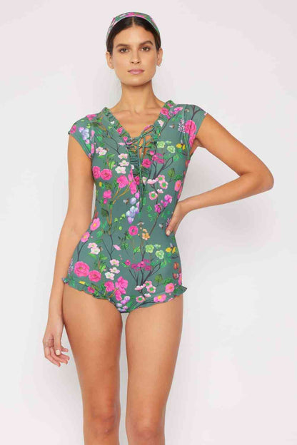 V-Neck One Piece Swimsuit in Sage with Floral Print