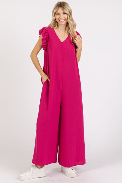 Elegant V-Neck Jumpsuit with Ruffled Cap Sleeves and Wide Legs