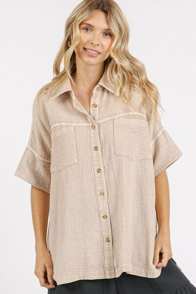 Oversized Mineral Wash Gauze Shirt with Short Sleeves for Casual Style