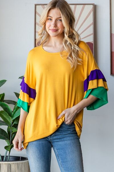 Color Block Ruffled Half Sleeve Top with Round Neck