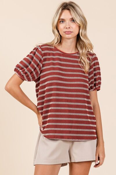 Contrast Striped Knit Top with Puff Sleeves for a Feminine Touch