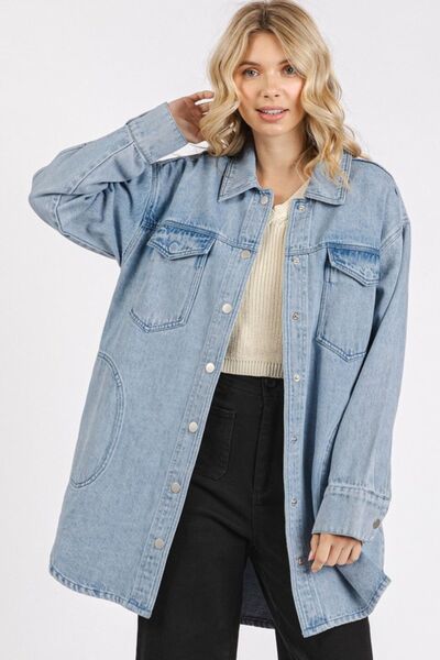 Light Wash Longline Denim Jacket with Patch Pockets