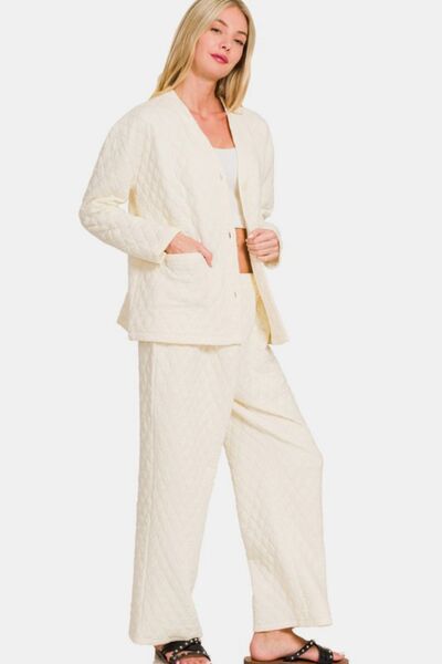 Quilted Button Up Long Sleeve Lounge Set with Pants