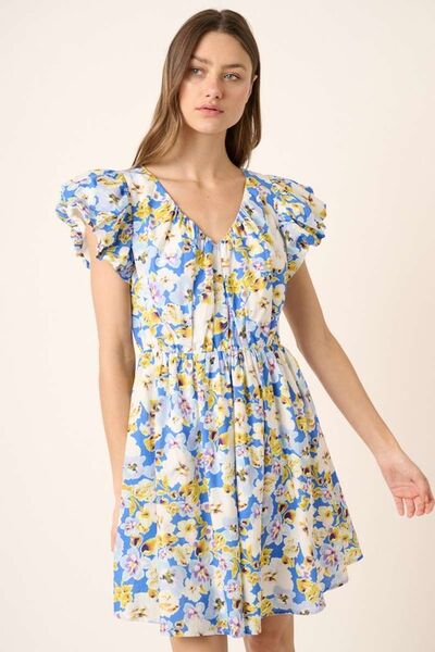 Floral V-Neck Mini Dress with Cap Sleeves for a Feminine Look