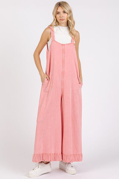 Stylish Ruffled Hem Wide Leg Overalls with Convenient Pockets