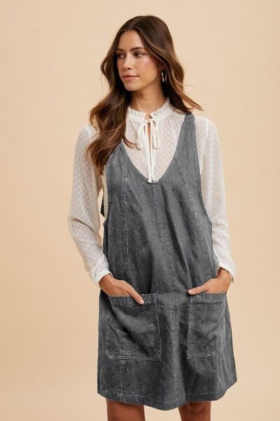 V-Neck Denim Overall Dress with Adjustable Straps and Pockets