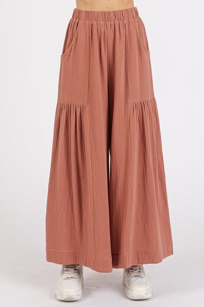 Gauze Elastic Waist Pleated Wide Leg Pants for Effortless Style