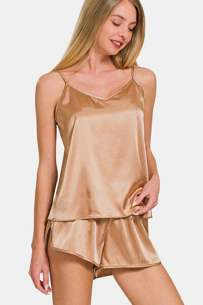 V-Neck Satin Cami and Elastic Waist Shorts Lounge Set for Comfort