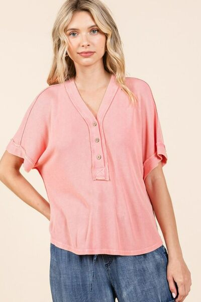 Washed Short Sleeve Waffle Knit Henley Top for a Casual Chic Look