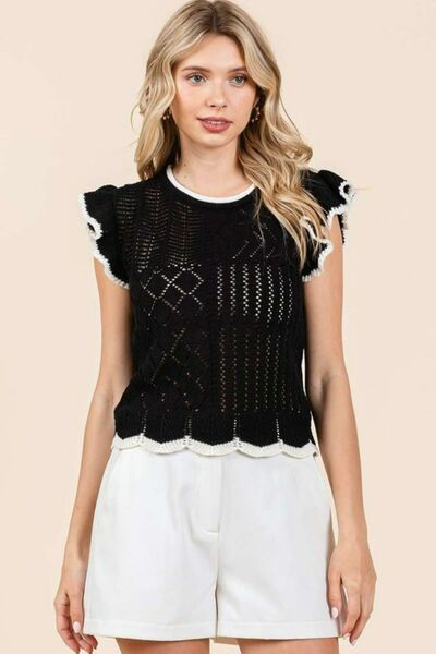 Ruffled Cap Sleeve Knit Top with Openwork and Contrast Trim