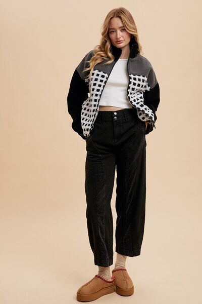 Checkered Sherpa Jacket with Zip Closure and Relaxed Drop Shoulders