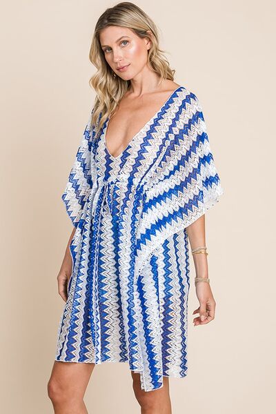 Tied Striped Plunge Half Sleeve Cover-Up for Effortless Summer Style