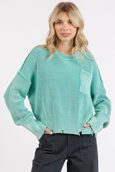 Relaxed Fit Sweater with Distressed Hem and Dropped Shoulders