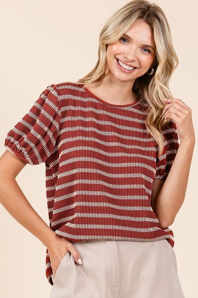 Contrast Striped Knit Top with Puff Sleeves for a Feminine Touch