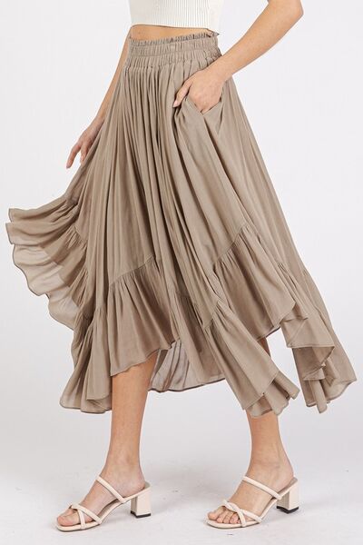 Flowy Handkerchief Hem Elastic Waist Midi Skirt with Pockets