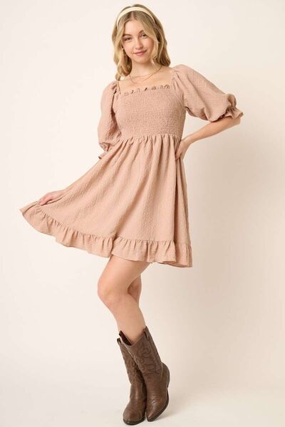 Smocked Mini Dress with Ruffled Hem and Half Sleeves for Chic Style