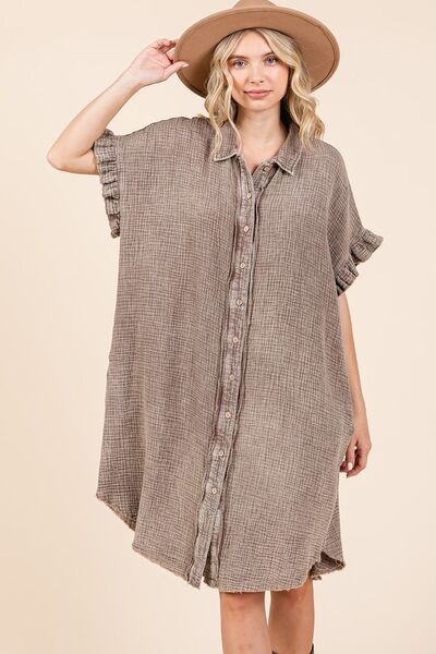 Cotton Gauze Mini Shirt Dress with Pockets and Ruffle Sleeves