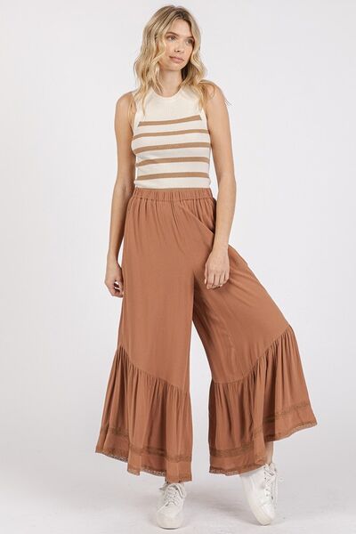 Lace Ruffle Asymmetric Hem Wide Leg Pants for a Chic Look