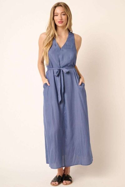 V Neck Tank Maxi Dress with Cross Back and Belted Waist