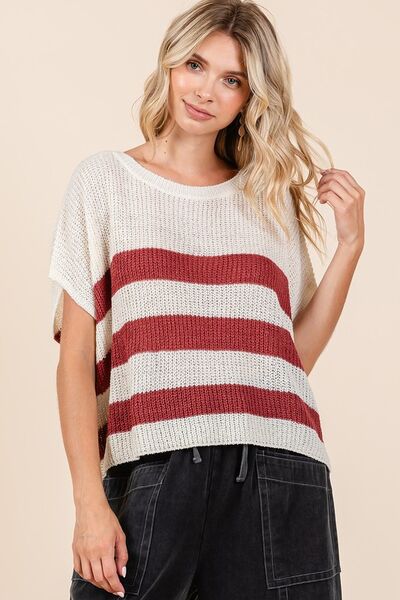 Classic Short Sleeve Sweater with Contrast Striped Design