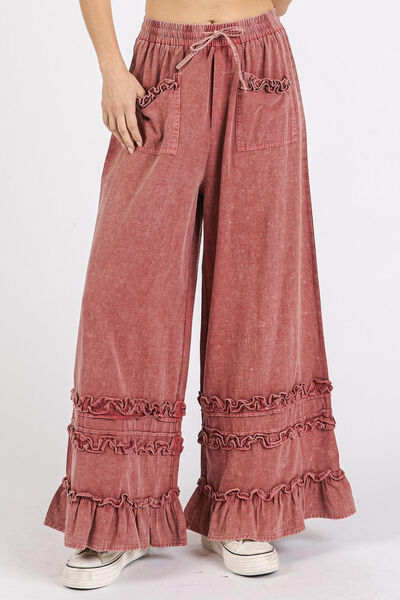 Ruffle Trim Pocket Mineral Wash Wide Leg Pants for Effortless Style