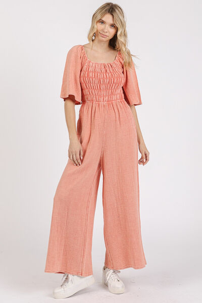 Mineral Wash Ruched Wide Leg Jumpsuit for Effortless Chic Style