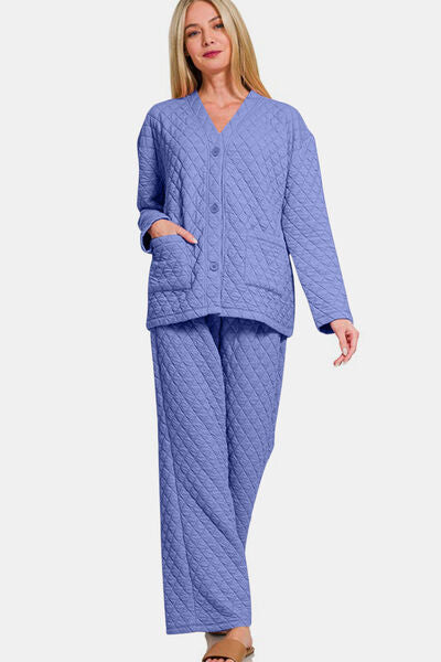 Quilted Button Up Long Sleeve Top and Pants Lounge Set for Comfort