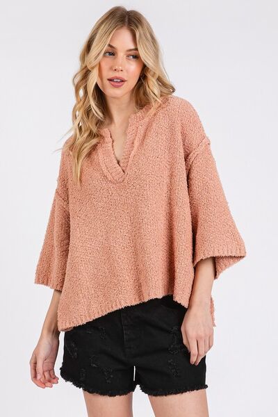 Cozy Sweater with Notched Neckline and Relaxed Drop Shoulder Fit