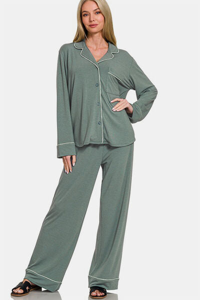 Comfortable Button-Down Long Sleeve Top and Pants Lounge Set