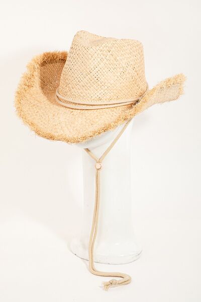 Adjustable Strap Raw Hem Straw Weave Hat for Summer