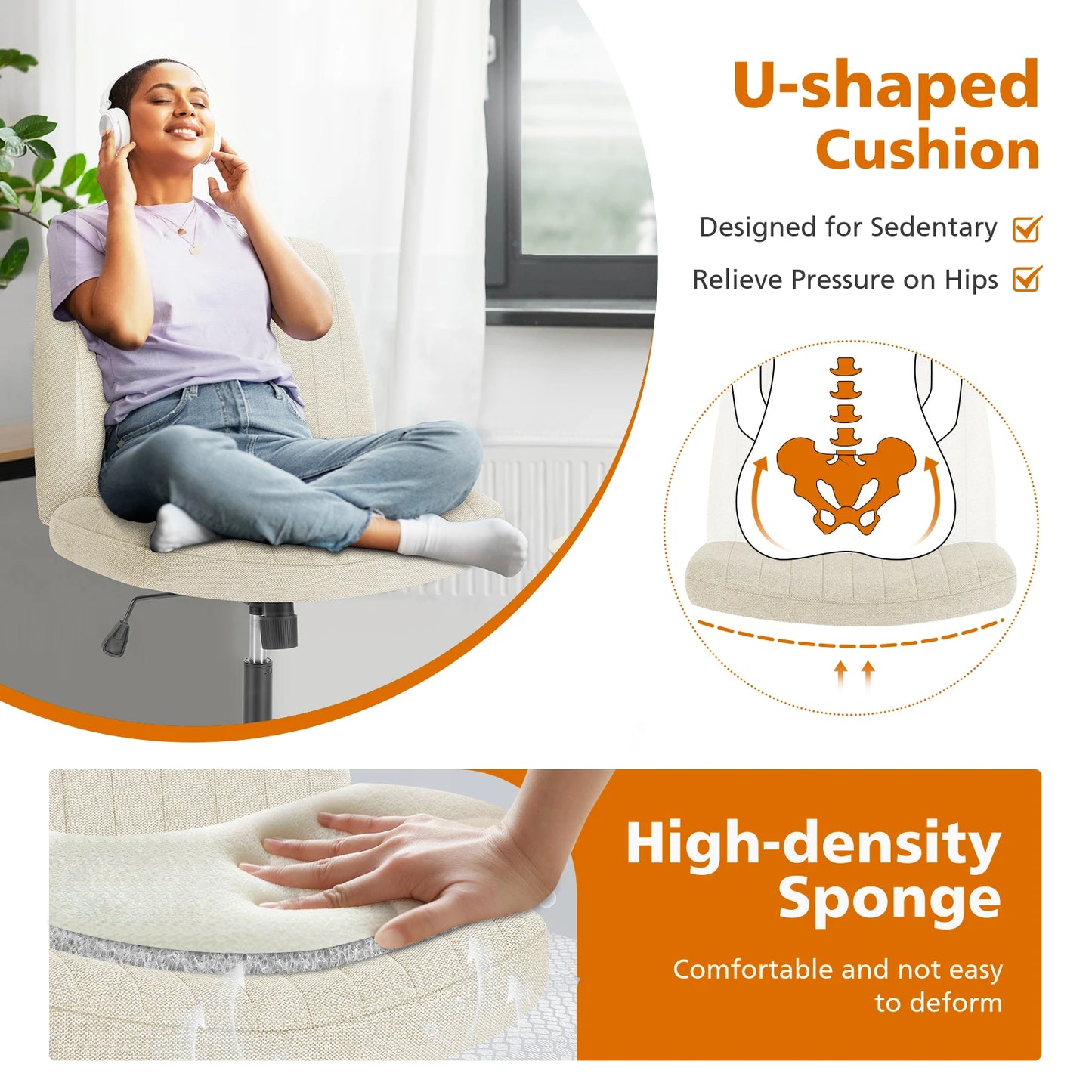 Ergonomic Wide Seat Cross Legged Office Chair with Rocking Function