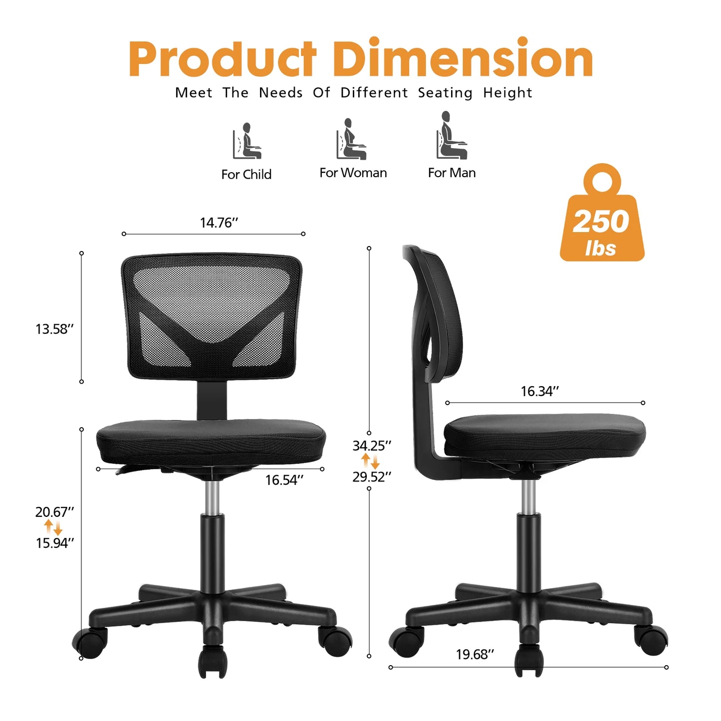 Ergonomic Armless Mesh Office Chair with Adjustable Lumbar Support