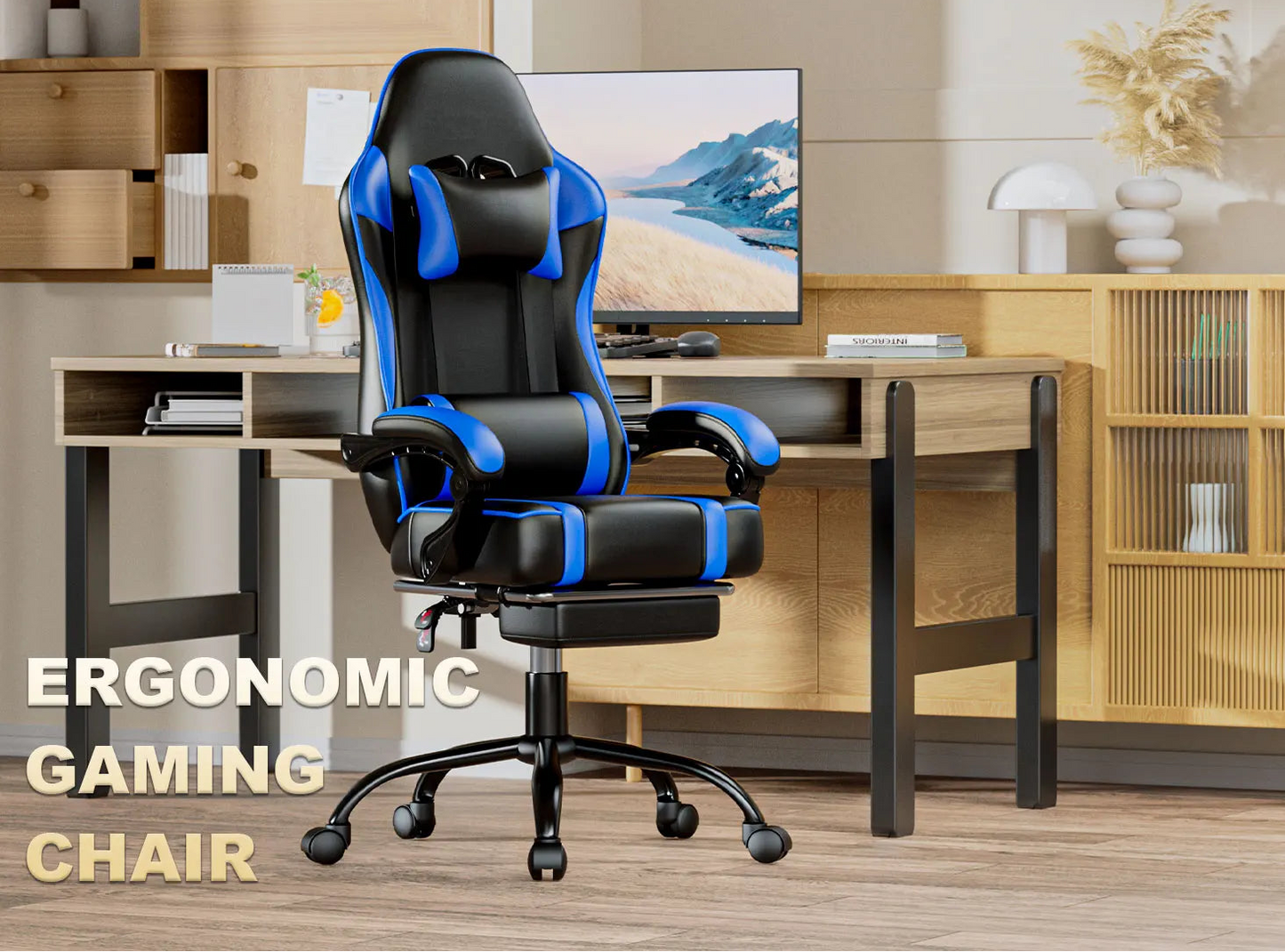 Ergonomic Gaming Chair with Footrest Reclining PU Leather Office Seat